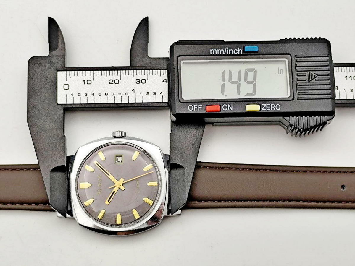 Vintage SLAVA 2414 SU Soviet Mechanical Watch | 21 Jewels USSR Calendar 2ChZ Brown Leather Band Men's Wristwatch