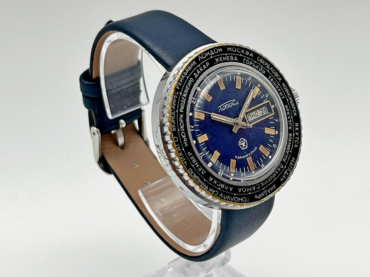 Vintage RAKETA World Time Soviet Mechanical Watch Blue Dial | USSR Cities Day/Date Men's Dress Watch
