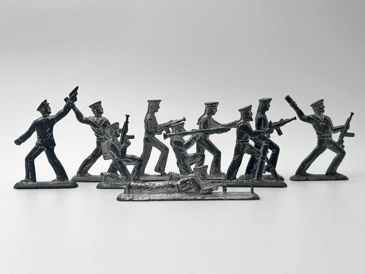 Vintage Soviet Revolutionary Sailors Metal Toy Soldiers Lot | USSR Flat Figures Combat Set of 10