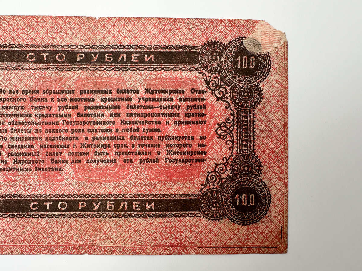 1919 Zhytomyr 100 Rubles Local Currency Note | Vintage Ukrainian Civil War Era Narodny Bank Banknote