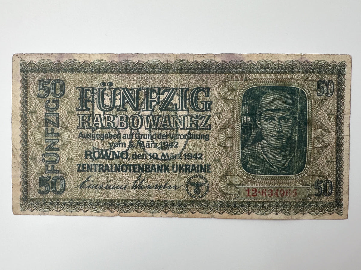 1942 WWII German Issue Ukraine 50 Karbowanez Banknote | Vintage Rowno Central Bank Note | Historic Currency