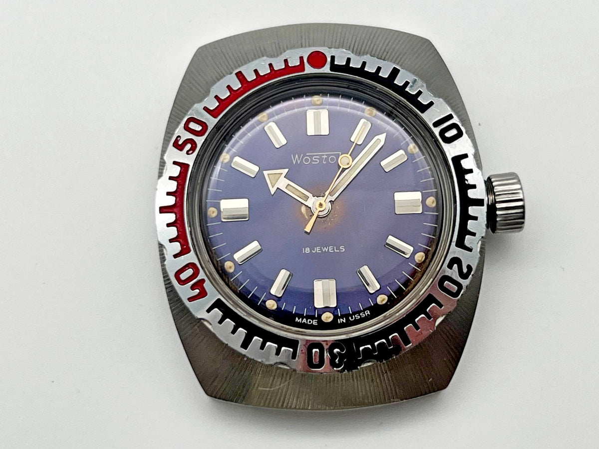 Vintage WOSTOK Amphibian Barrel 2209 Soviet Mechanical Watch VOSTOK Tonneau | Rare USSR Diver Blue Dial 18 Jewels 200m Men's Wristwatch