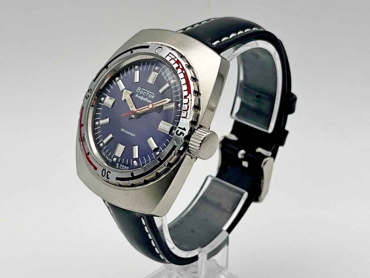 Vintage WOSTOK Amphibian Barrel 2209 Soviet Mechanical Watch VOSTOK | USSR Diver Blue Dial 18 Jewels 200m Men's Wristwatch