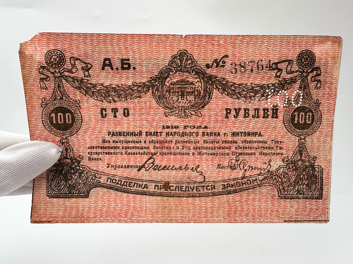 1919 Zhytomyr 100 Rubles Local Currency Note | Vintage Ukrainian Civil War Era Narodny Bank Banknote