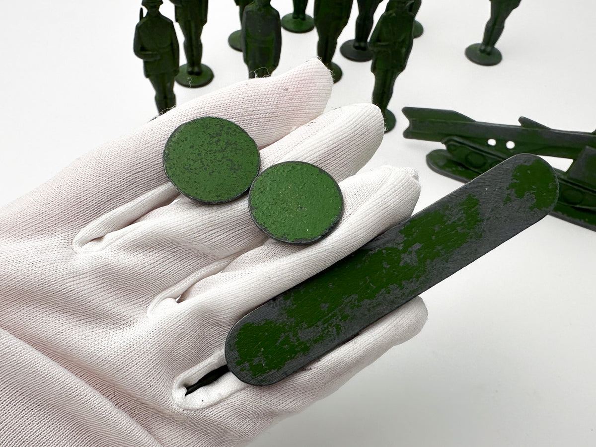 Vintage Soviet Metal Toy Soldiers and Missile Launchers Lot | USSR Cast Figures Green Army Set of 14