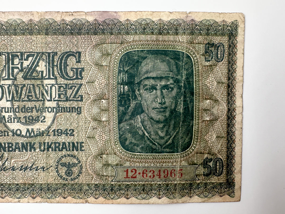 1942 WWII German Issue Ukraine 50 Karbowanez Banknote | Vintage Rowno Central Bank Note | Historic Currency