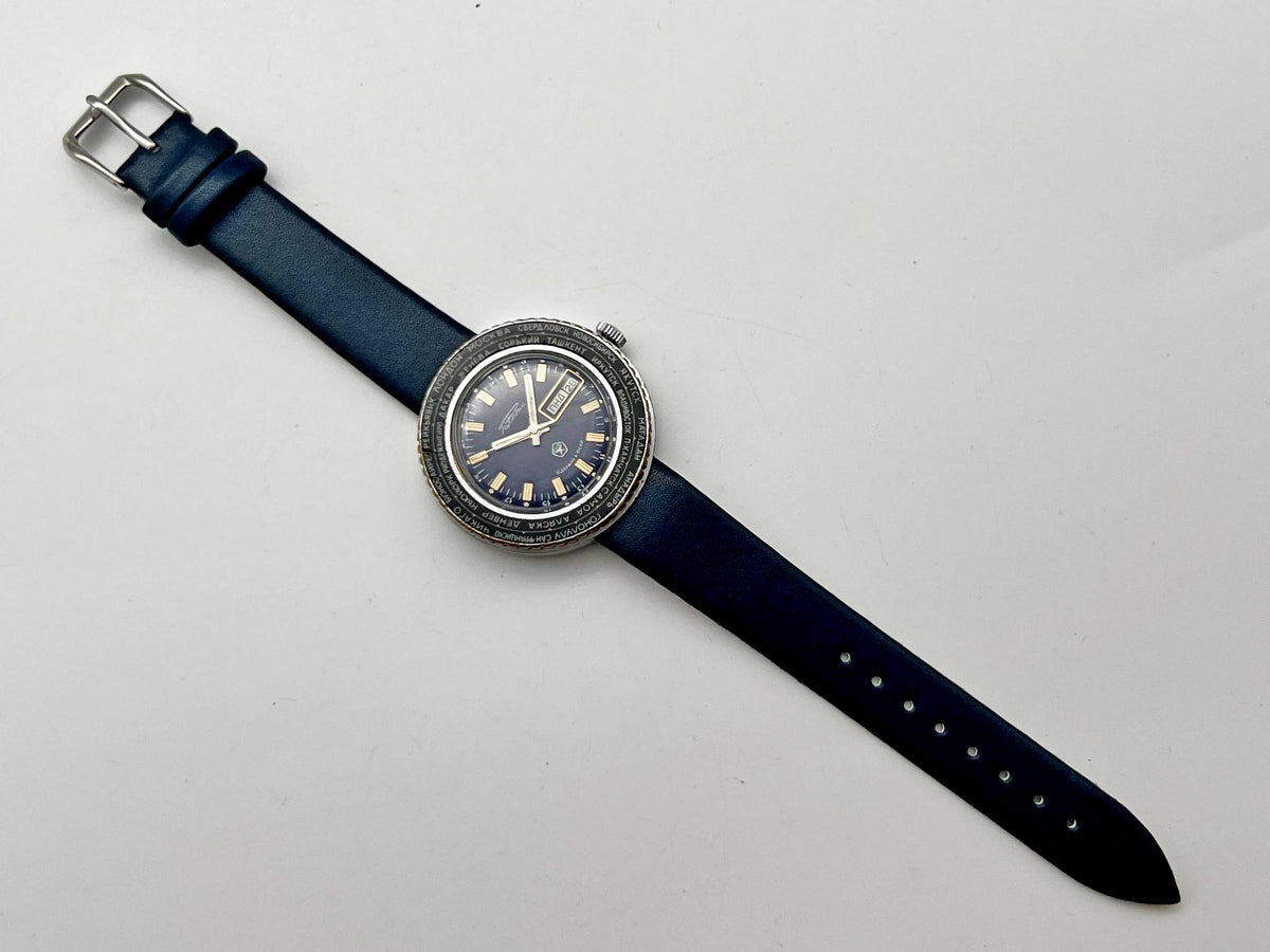 Vintage RAKETA World Time Soviet Mechanical Watch Blue Dial | USSR Cities Day/Date Men's Dress Watch