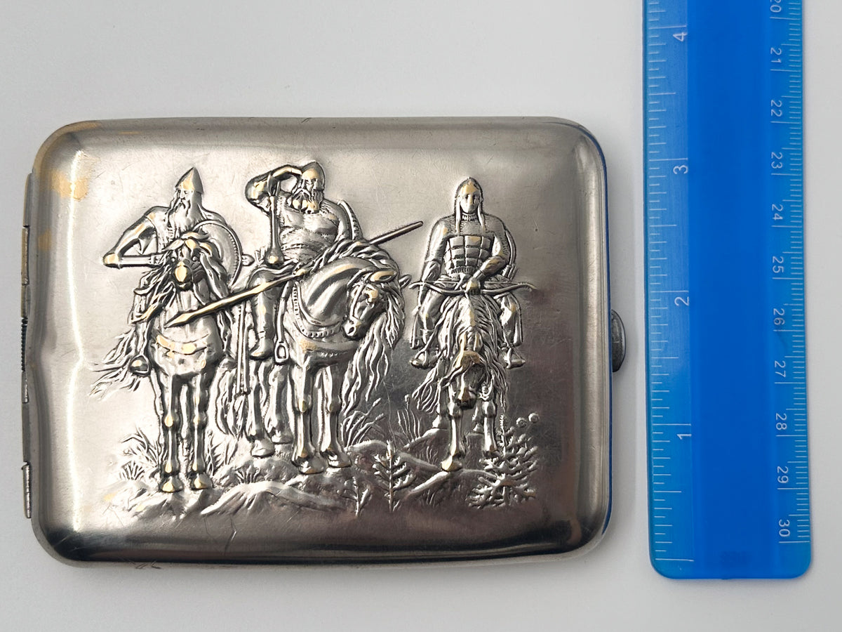 Vintage "Three Bogatyrs" Soviet Cigarette Case | Rare Mosshtamp Factory USSR Embossed Knights Metal Tobacciana