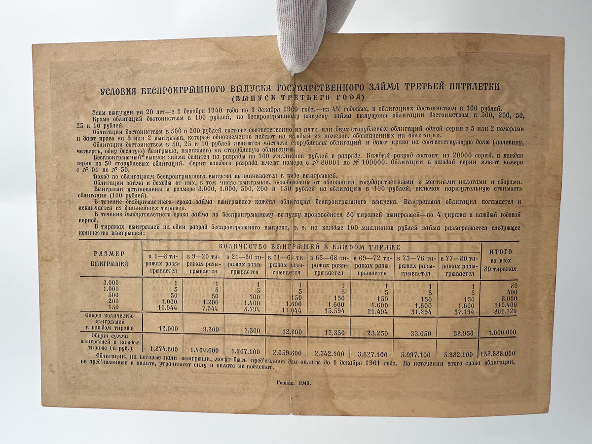 1940 USSR Third Five-Year Plan State Loan Bonds Set | Vintage Soviet 10, 25, 50, 100 Rubles | 4 Pcs