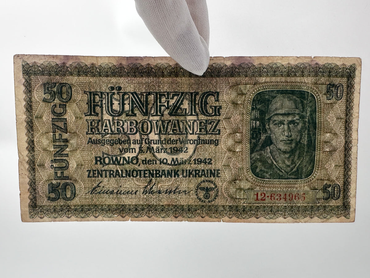 1942 WWII German Issue Ukraine 50 Karbowanez Banknote | Vintage Rowno Central Bank Note | Historic Currency