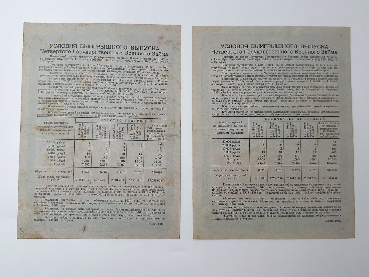 1945 USSR WWII Fourth State War Loan Bond Set | Vintage Soviet 100 & 200 Rubles Military Bonds | 2 Pcs