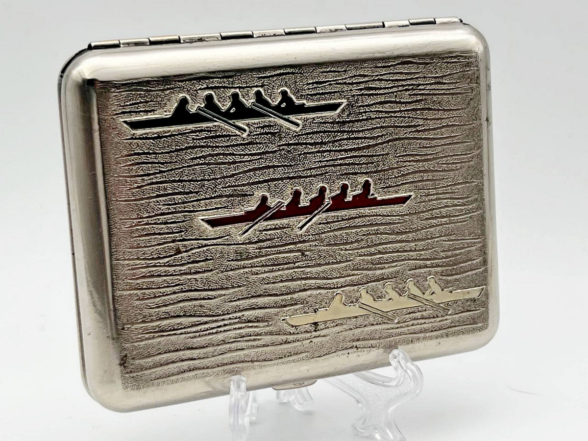 Vintage Rowing Canoeing Cigarette Case | Lenemalier Artel Enamel Pocket Box Soviet Tobacciana USSR