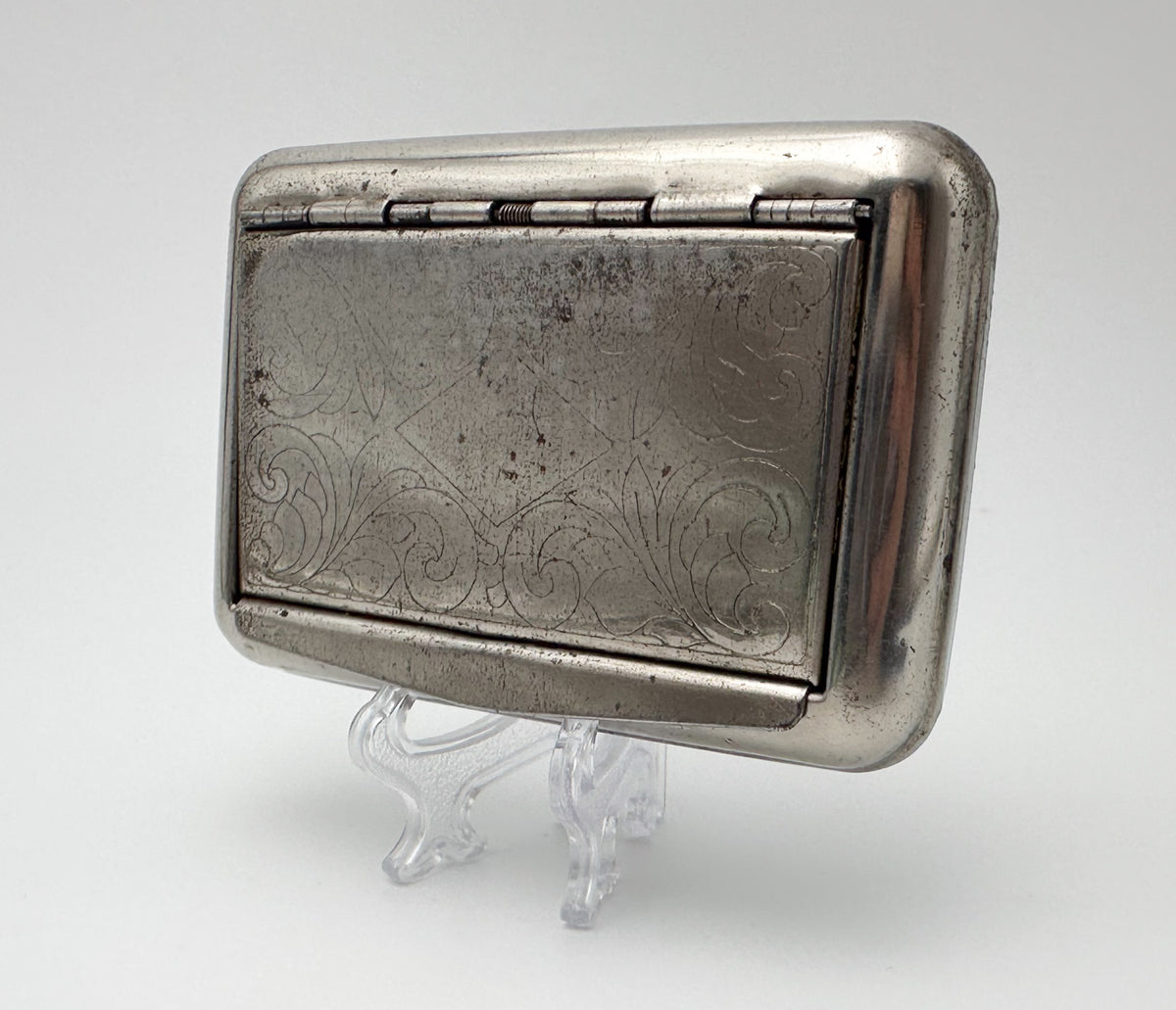 Vintage Floral Engraved Snuffbox | Antique Silver Tone Metal Pocket Snuff Box Tobacciana