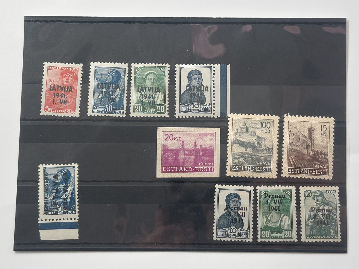 1941 Baltic WWII German Local Issue Postage Stamps Collection | Vintage Latvia & Estonia Overprints Set of 11 MH