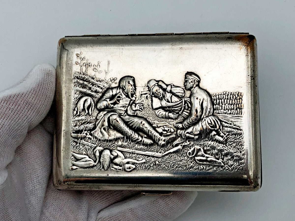 Vintage "Hunters at Rest" Soviet Cigarette Case | Rare Perov Painting USSR Embossed Metal Tobacciana Hunting Souvenir