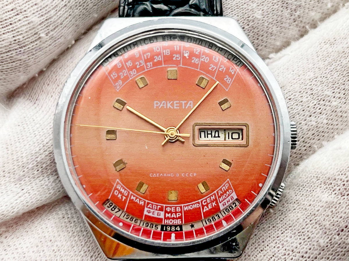 Vintage RAKETA Perpetual Calendar Soviet Mechanical Watch Orange Dial | USSR Multi-Year Calendar Men's Dress Watch