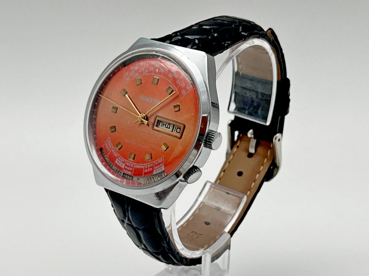 Vintage RAKETA Perpetual Calendar Soviet Mechanical Watch Orange Dial | USSR Multi-Year Calendar Men's Dress Watch