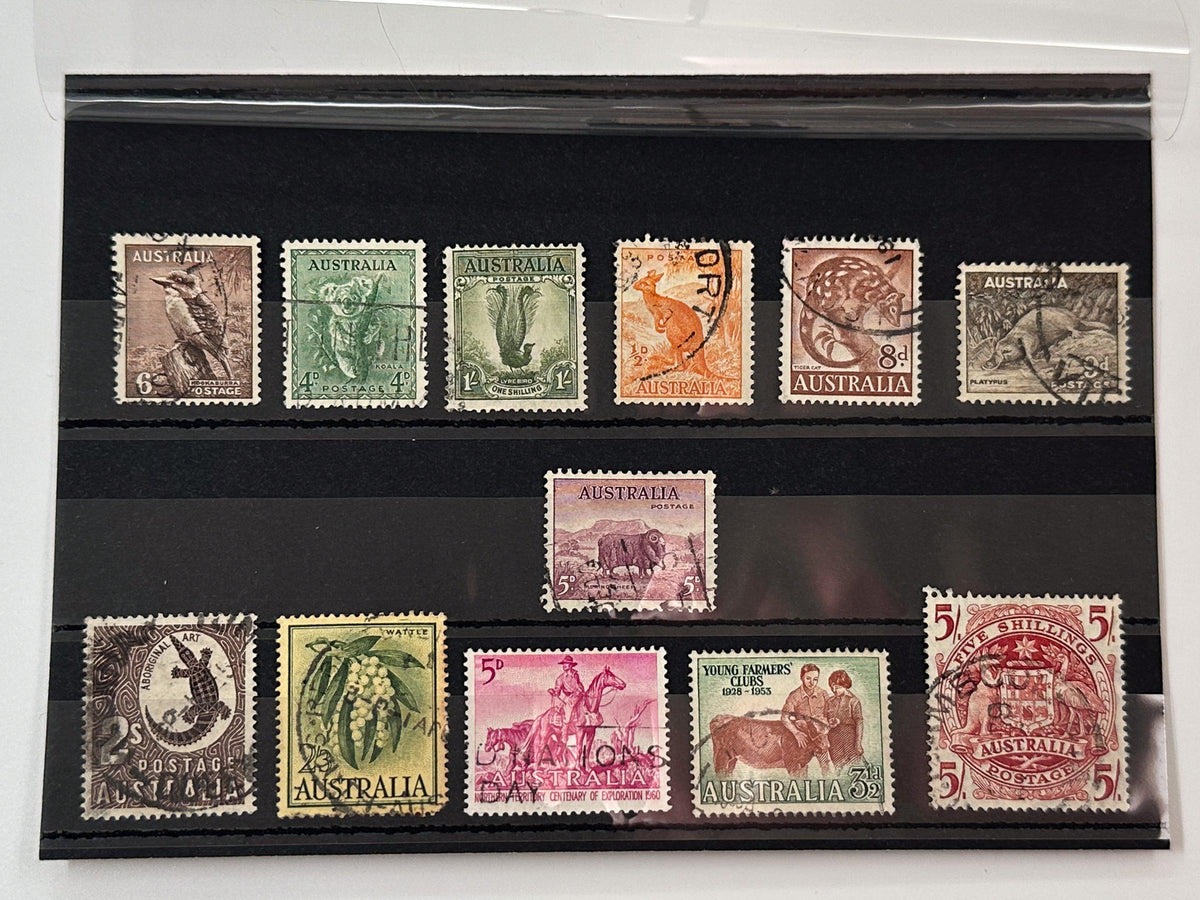 1930–1950s Australia Postage Stamps Collection | Vintage Australian Fauna Koala Kangaroo & Queen Elizabeth II Set of 12 MH Cancelled