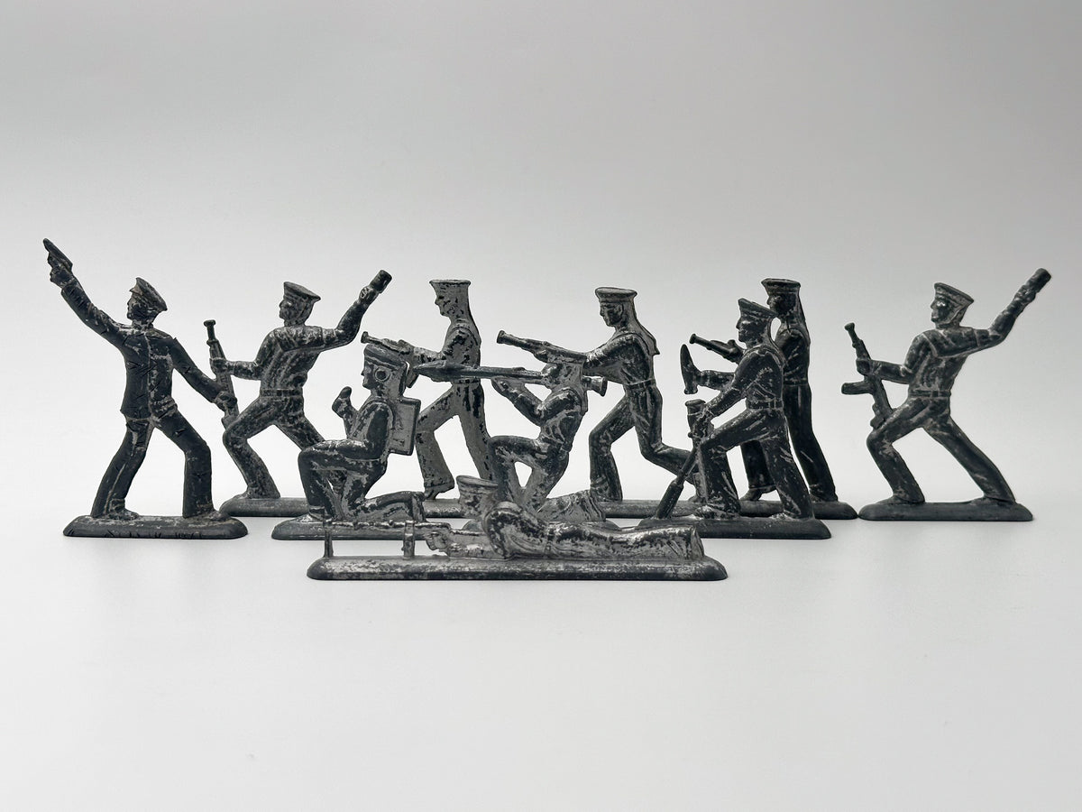 Vintage Soviet Revolutionary Sailors Metal Toy Soldiers Lot | USSR Flat Figures Combat Set of 10