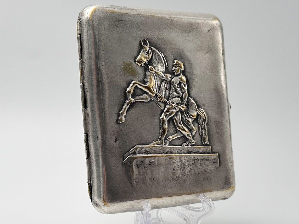 Vintage Klodt Horse Tamer Cigarette Case | NPZ Plant Garnet Button Engraved Pocket Box Soviet Tobacciana USSR