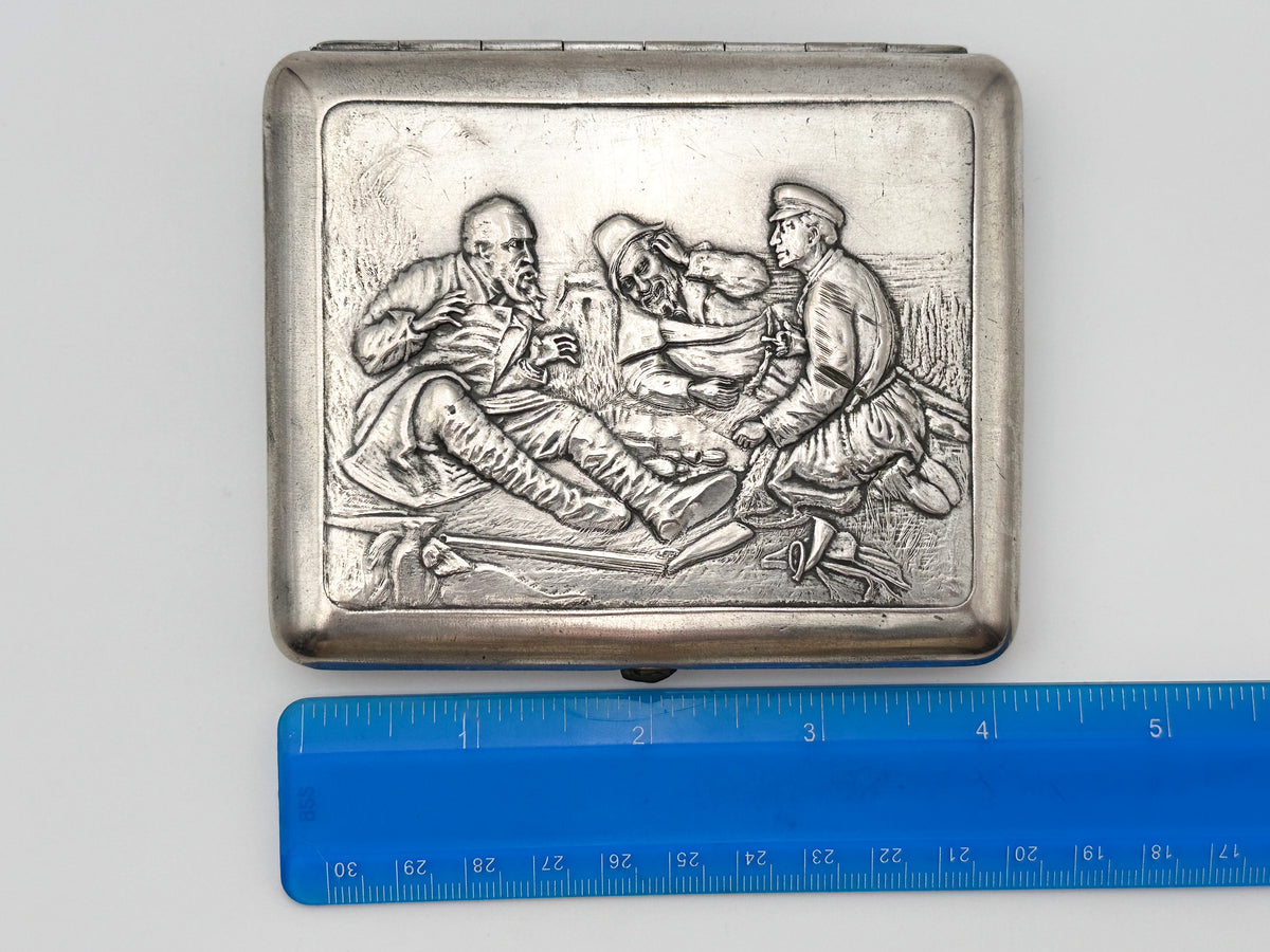 Cigarette Case Hunters at a Rest Vintage Soviet | Perov Metallodetal Melchior Tobacciana USSR