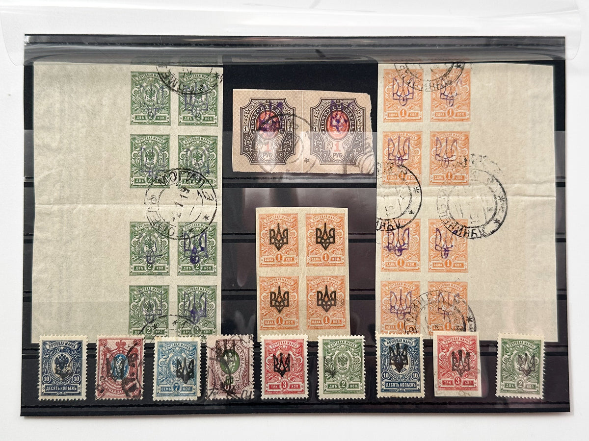 1918–1920 Ukrainian People's Republic Postage Stamps Collection | Vintage Trident Overprint Blocks & Pairs Set of 31 MH Cancelled