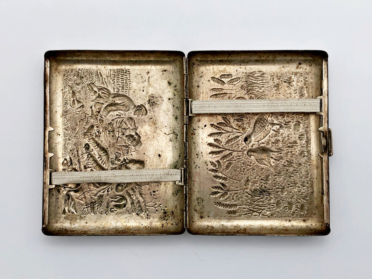 Vintage "Hunters at Rest" Soviet Cigarette Case | Rare Perov Painting USSR Embossed Metal Tobacciana Hunting Souvenir