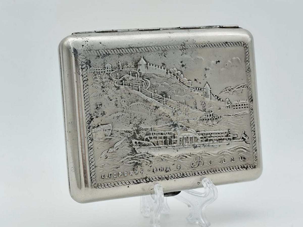 Vintage Cigarette Case Gorky City Volga View | Metal Pocket Box Soviet Tobacciana USSR