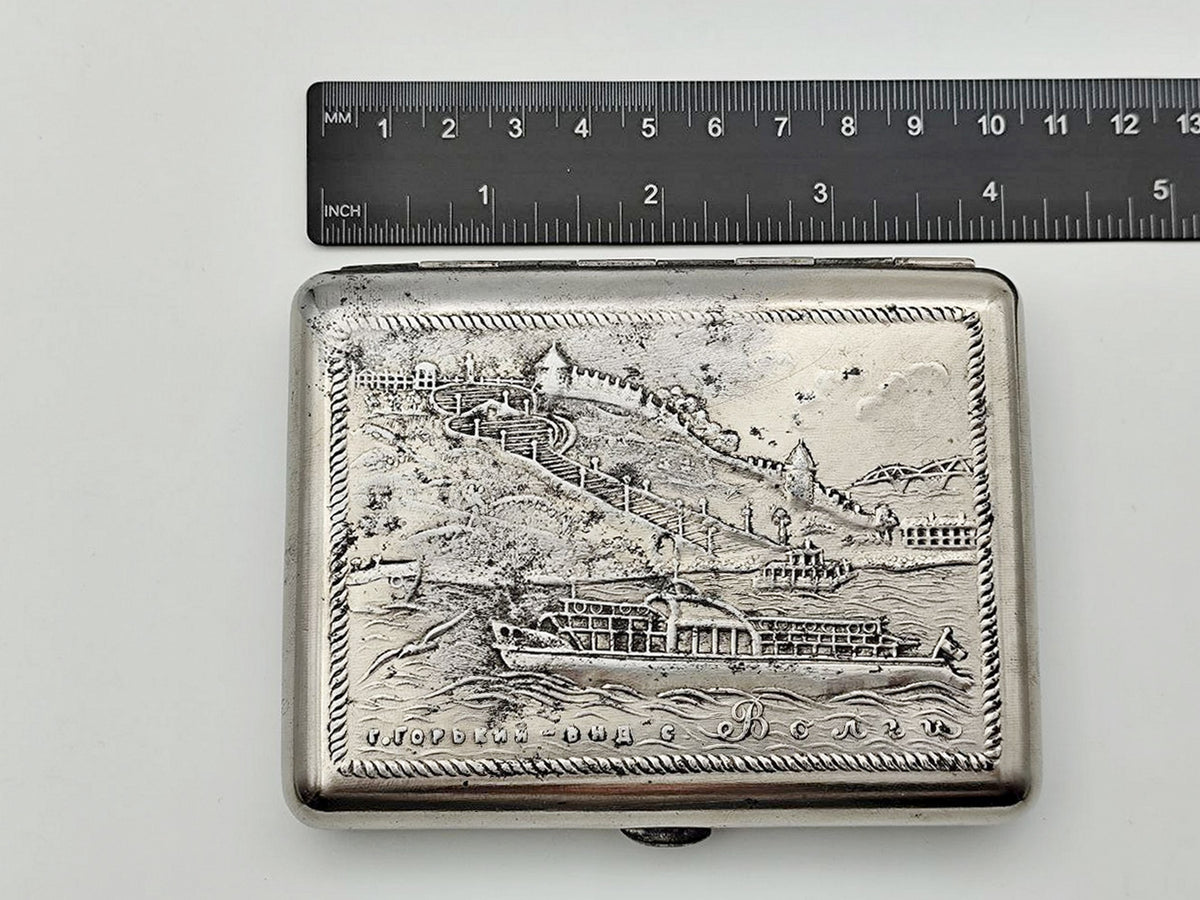 Vintage Cigarette Case Gorky City Volga View | Metal Pocket Box Soviet Tobacciana USSR