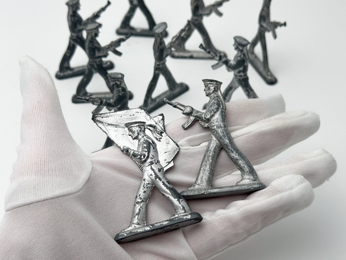 Vintage Soviet Revolutionary Sailors Metal Toy Soldiers Lot | USSR Flat Figures Action Set of 10