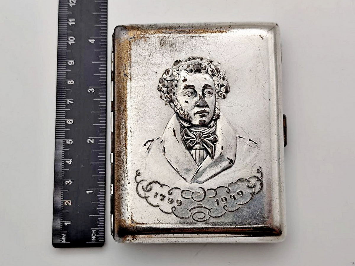 Vintage Alexander Pushkin 1949 Jubilee Soviet Cigarette Case | Rare Lenemalier Artel LE USSR Metal Tobacciana