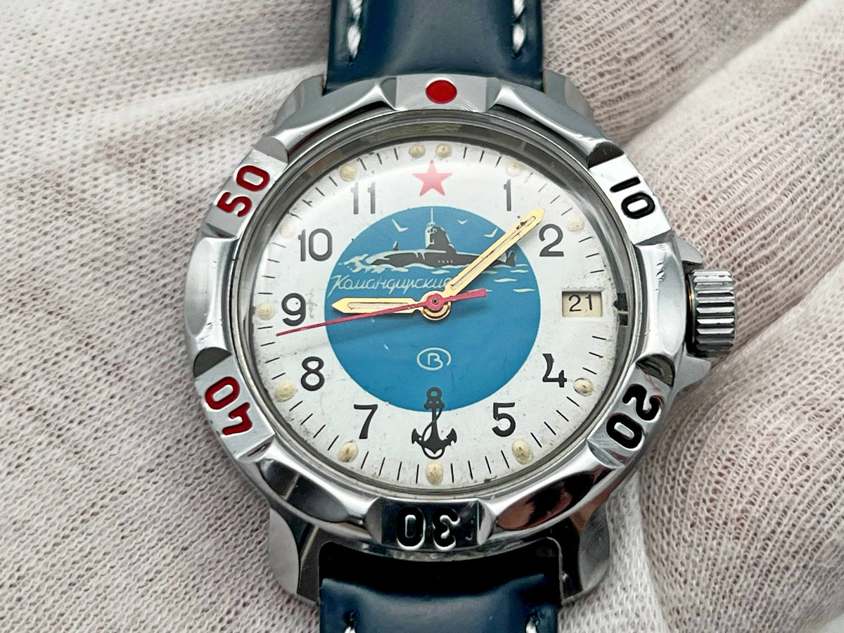 Vintage WOSTOK Komandirskie Submarine 2414 Soviet Mechanical Watch VOSTOK | USSR Military Submarine Blue Dial 17 Jewels