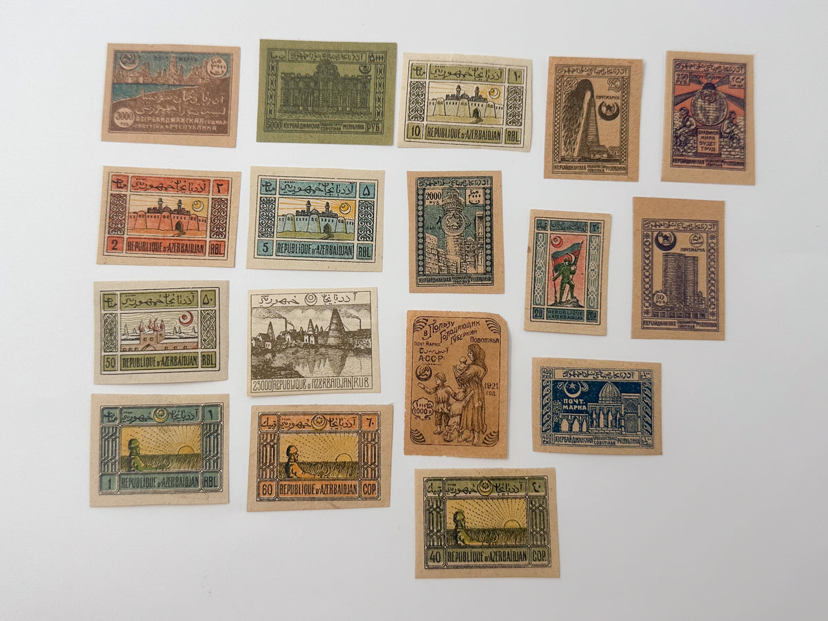 1919–1922 Azerbaijan ADR & Soviet Republic Postage Stamps Collection | Vintage Maiden Tower & Famine Relief Set of 17 MH