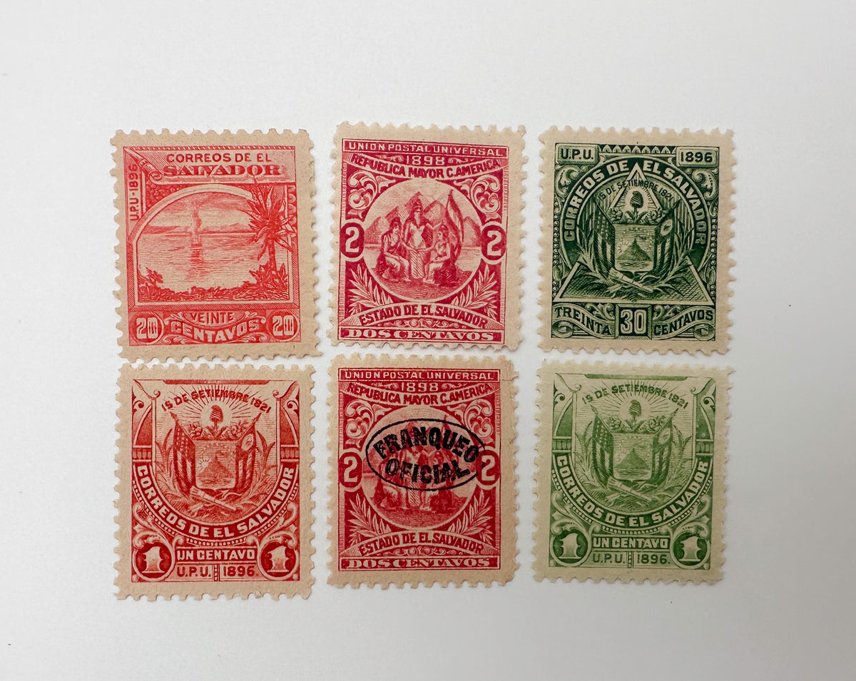 1890–1899 El Salvador Postage Stamps Collection | Vintage Antique Central America Official Overprints Set of 30 MH