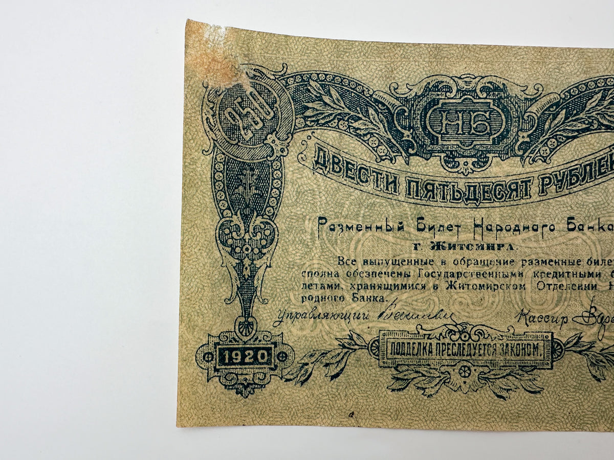 1920 Zhytomyr 250 Rubles Local Currency Note | Vintage Ukrainian Civil War Era Narodny Bank Banknote