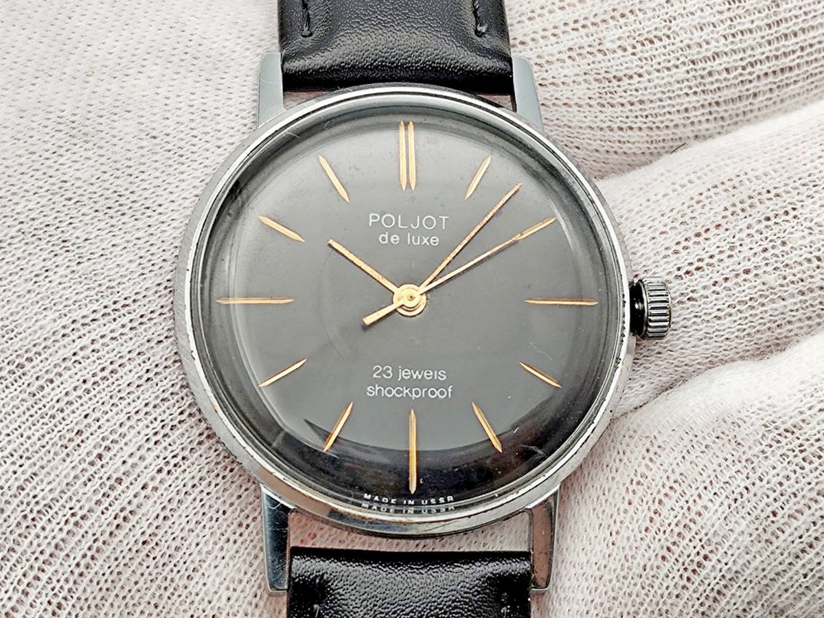 Vintage POLJOT De Luxe 2209 Ultra Slim Soviet Mechanical Watch | Rare Black Dial 23 Jewels USSR Shockproof Men's Dress Watch
