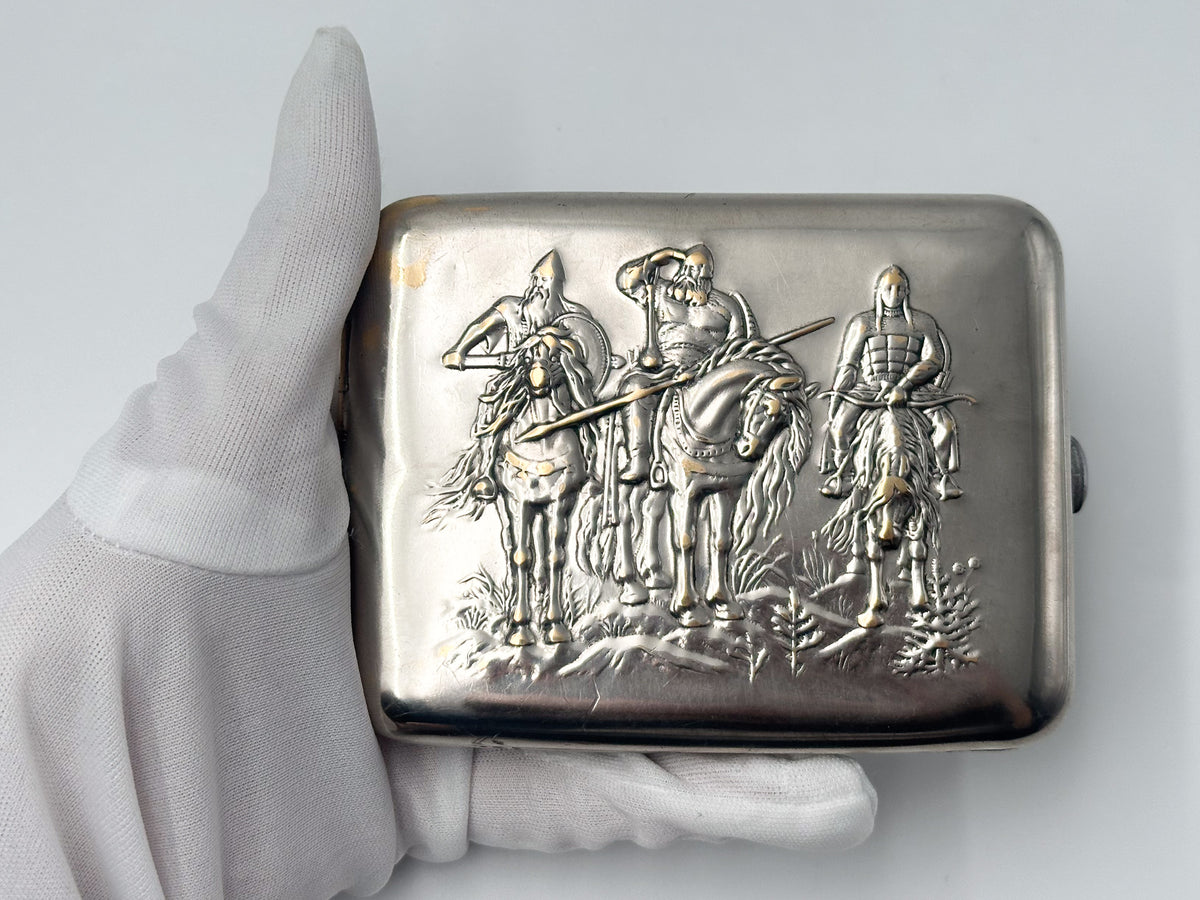 Vintage "Three Bogatyrs" Soviet Cigarette Case | Rare Mosshtamp Factory USSR Embossed Knights Metal Tobacciana