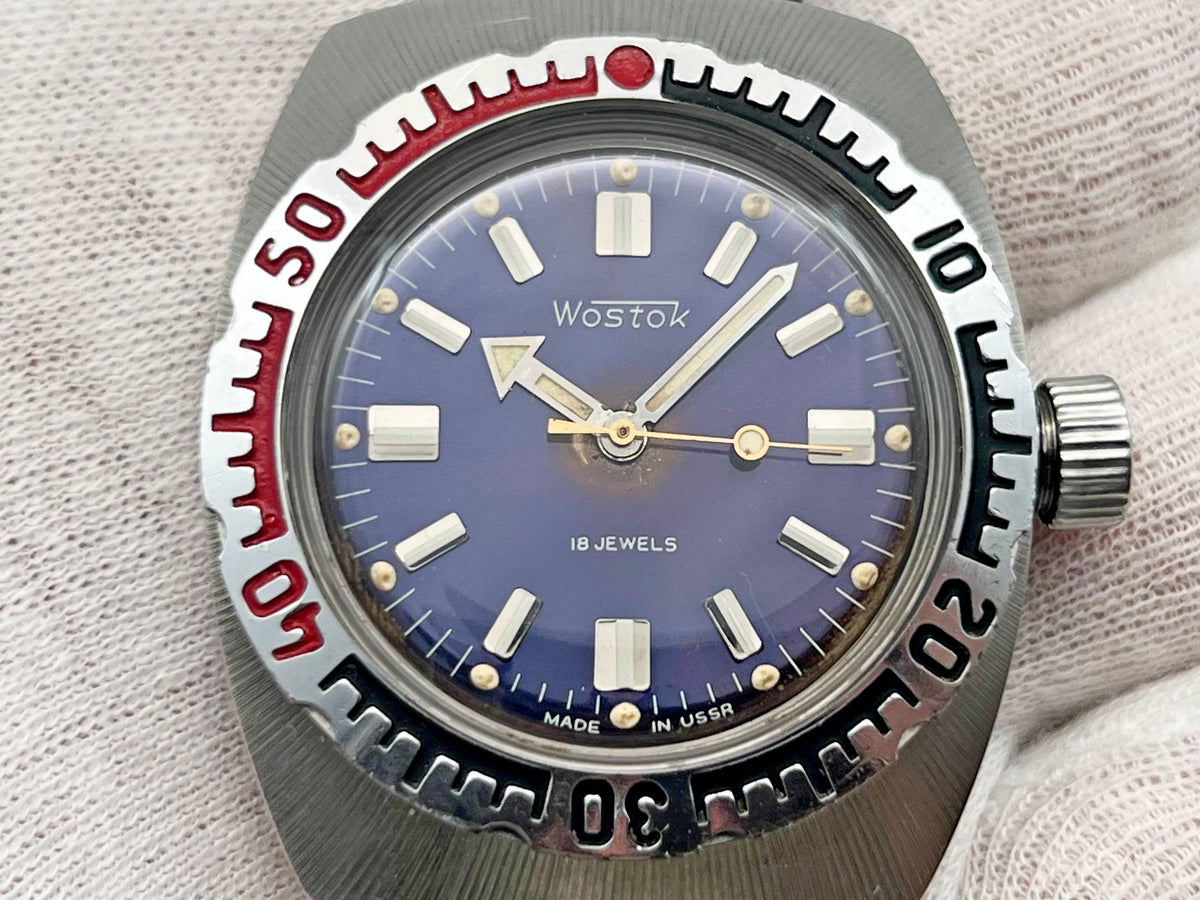 Vintage WOSTOK Amphibian Barrel 2209 Soviet Mechanical Watch VOSTOK Tonneau | Rare USSR Diver Blue Dial 18 Jewels 200m Men's Wristwatch