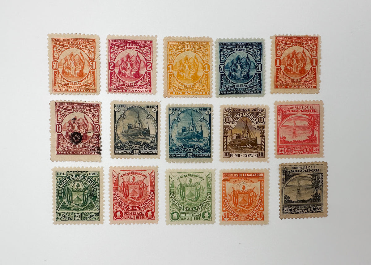 1890–1899 El Salvador Postage Stamps Collection | Vintage Antique Central America Official Overprints Set of 30 MH