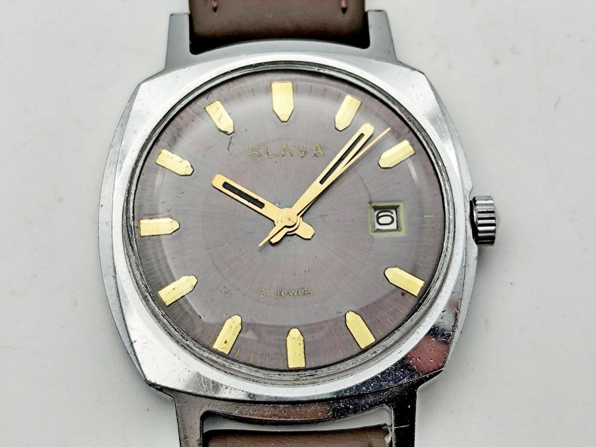 Vintage SLAVA 2414 SU Soviet Mechanical Watch | 21 Jewels USSR Calendar 2ChZ Brown Leather Band Men's Wristwatch