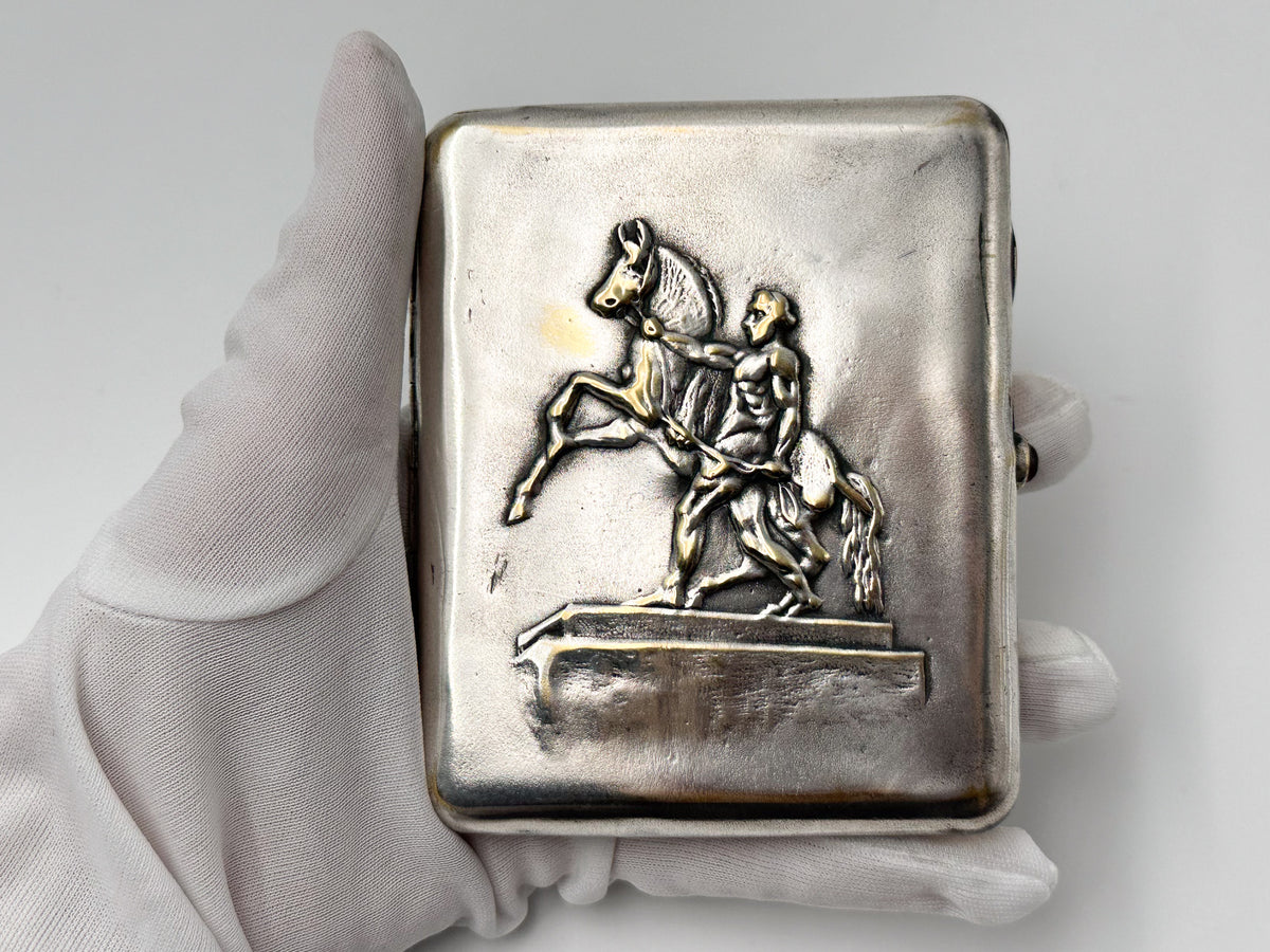 Vintage Klodt Horse Tamer Cigarette Case | NPZ Plant Garnet Button Engraved Pocket Box Soviet Tobacciana USSR