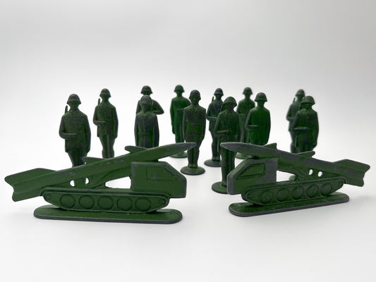 Vintage Soviet Metal Toy Soldiers and Missile Launchers Lot | USSR Cast Figures Green Army Set of 14