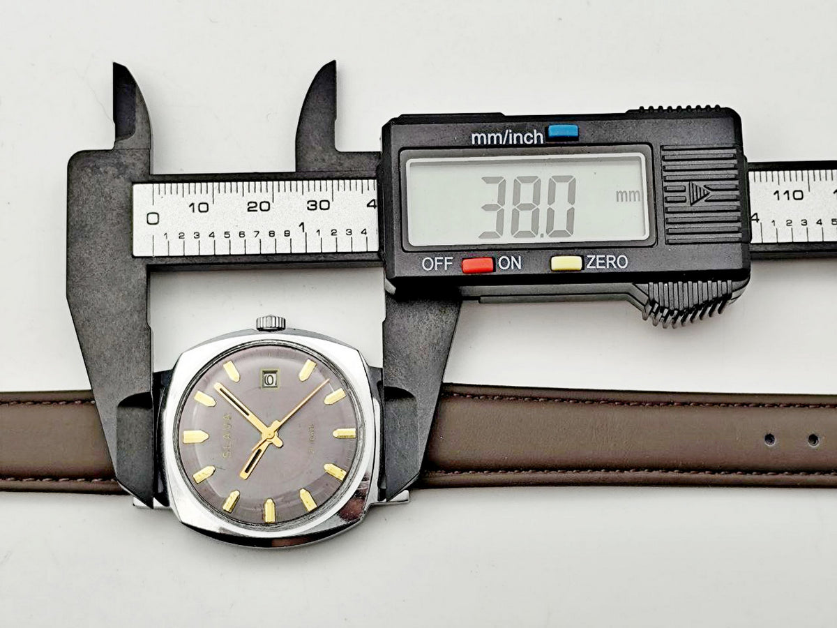 Vintage SLAVA 2414 SU Soviet Mechanical Watch | 21 Jewels USSR Calendar 2ChZ Brown Leather Band Men's Wristwatch