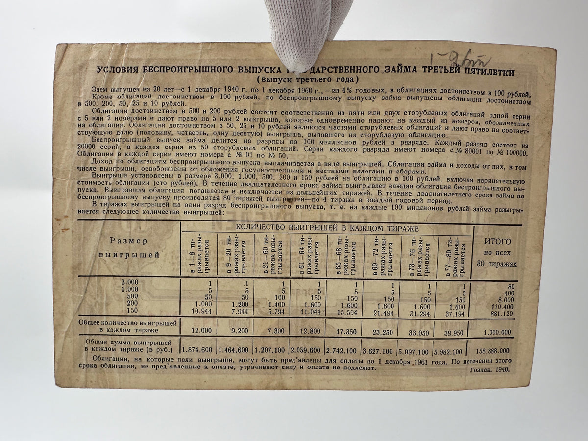 1940 USSR Third Five-Year Plan State Loan Bonds Set | Vintage Soviet 10, 25, 50, 100 Rubles | 4 Pcs