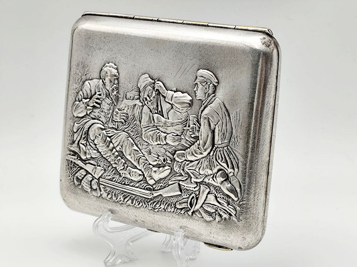 Vintage Hunters at Rest Perov Cigarette Case | Painting Relief Engraved Pocket Box Soviet Tobacciana USSR
