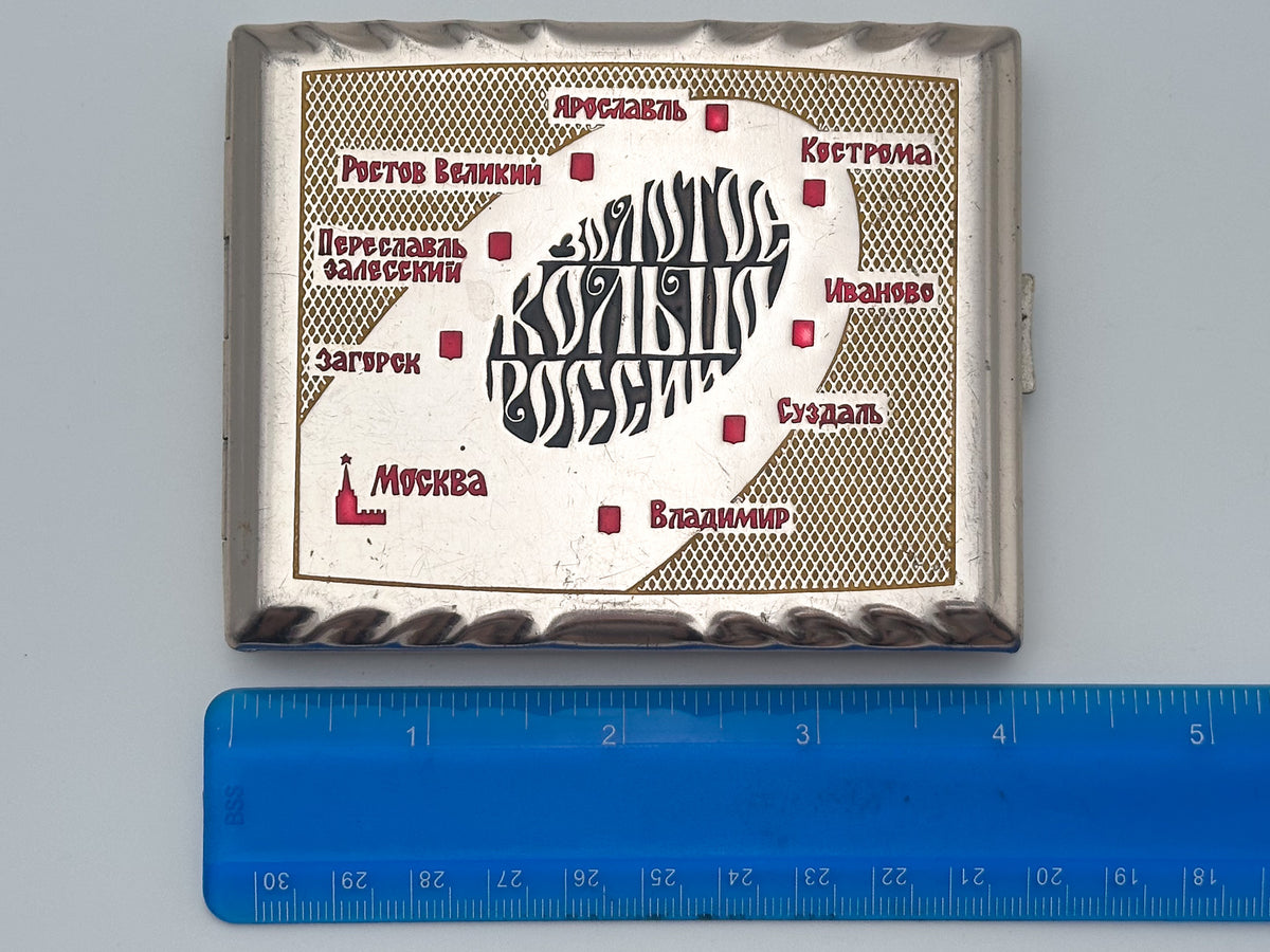 Vintage "Golden Ring of Russia" Soviet Cigarette Case | Novosibirsk Semiconductor Factory Dandelion Logo USSR Map Tobacciana