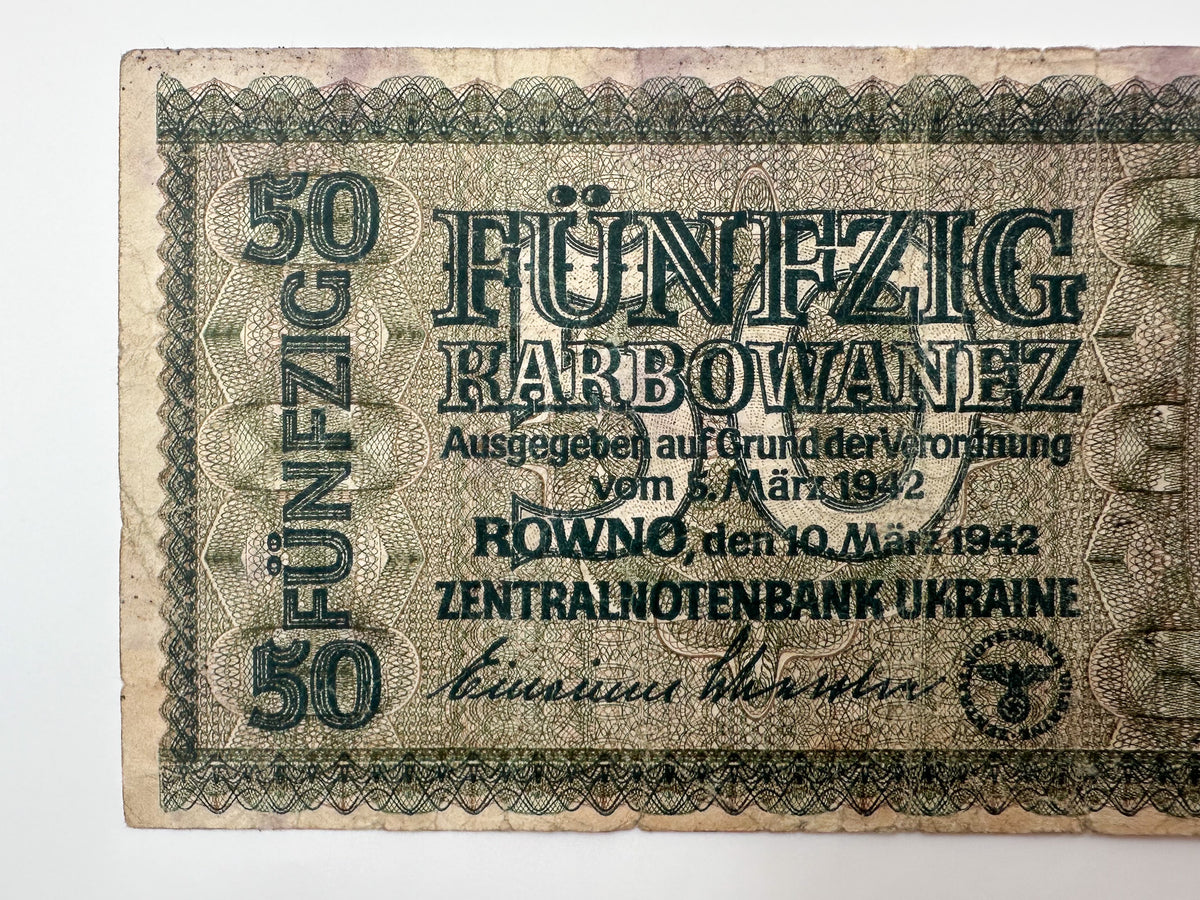 1942 WWII German Issue Ukraine 50 Karbowanez Banknote | Vintage Rowno Central Bank Note | Historic Currency