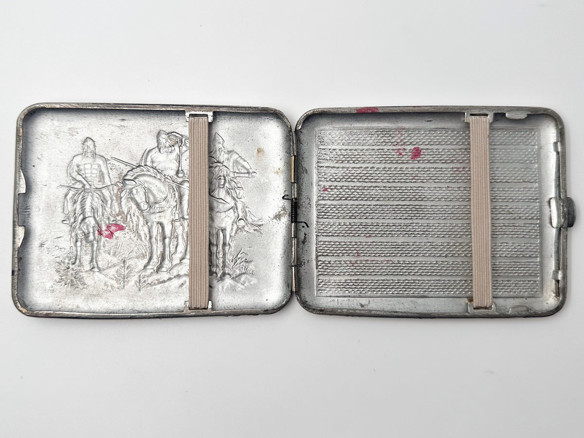 Vintage "Three Bogatyrs" Soviet Cigarette Case | Rare Mosshtamp Factory USSR Embossed Knights Metal Tobacciana