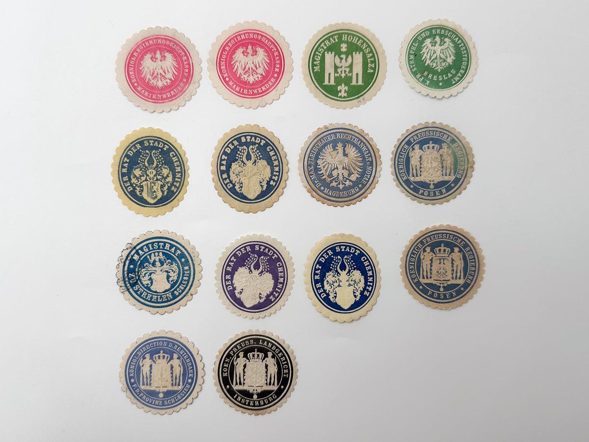 1890–1910s Germany Imperial Siegelmarken Collection | Vintage Prussia Official Paper Seal Stamps Set of 14 MH