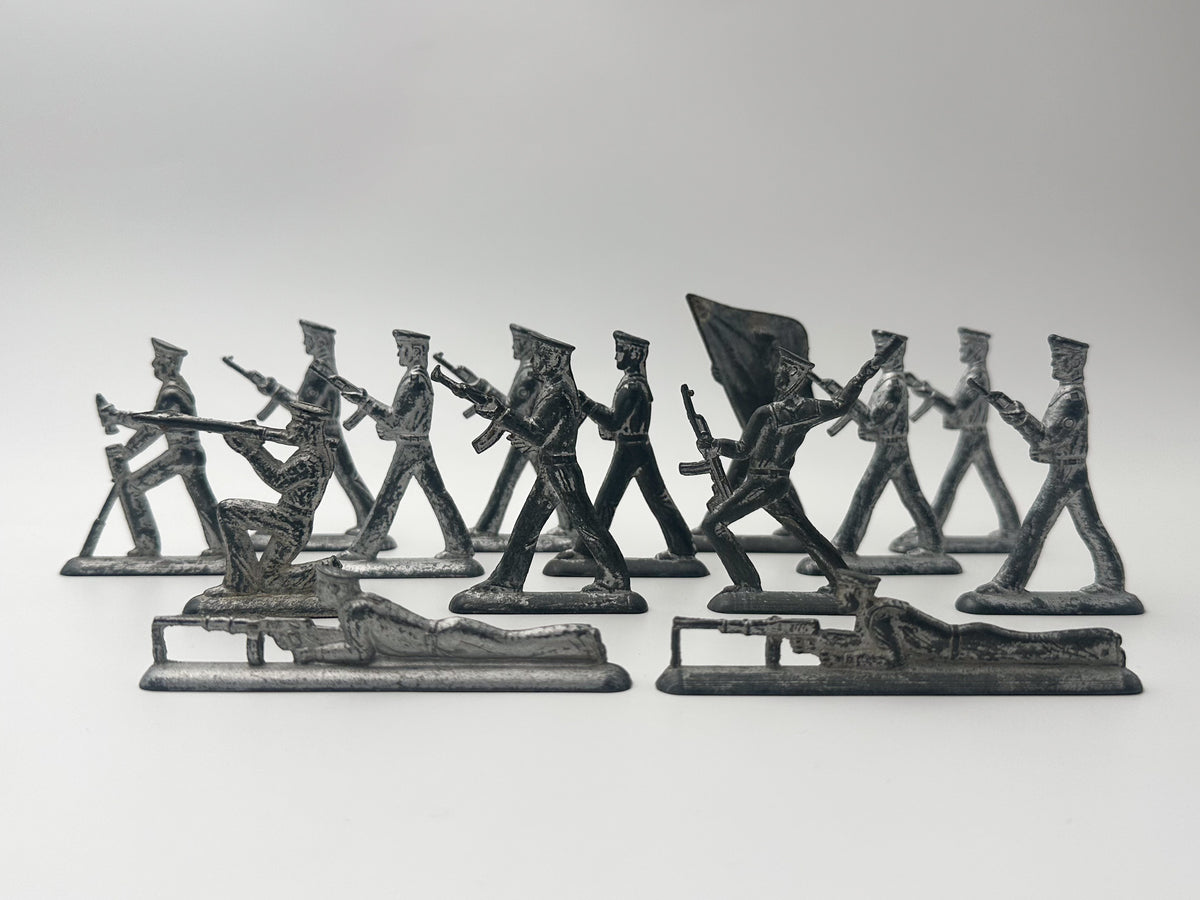 Vintage Soviet Revolutionary Sailors Metal Toy Soldiers Lot | USSR Flat Figures Action Set of 14